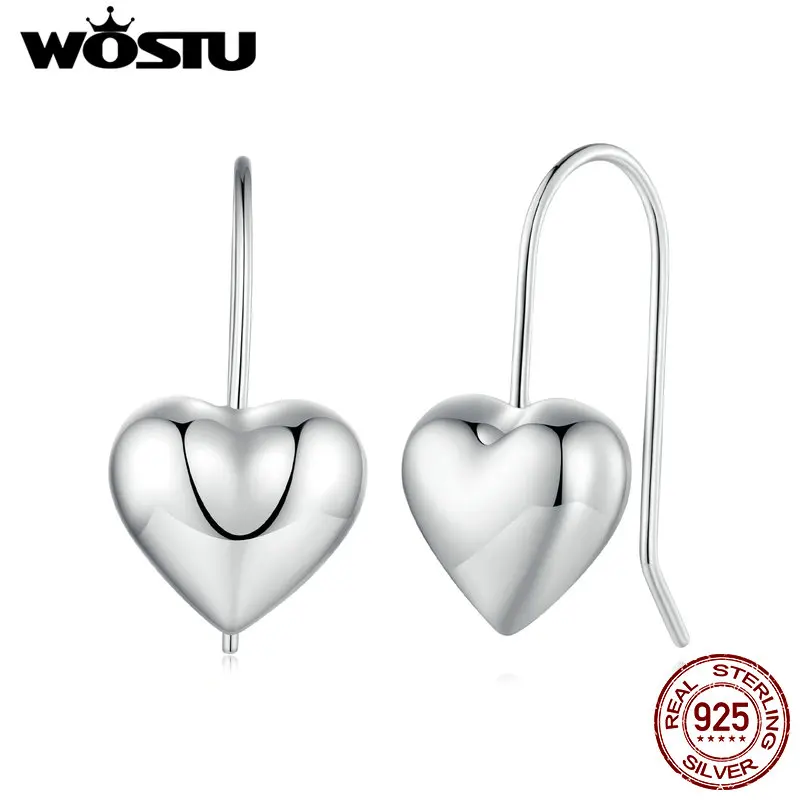 WOSTU 925 Sterling Silver 12MM Big Love Heart Drop Dangle Earrings Women Simple 3D Heart-Shaped Pendientes Wedding Party Gift