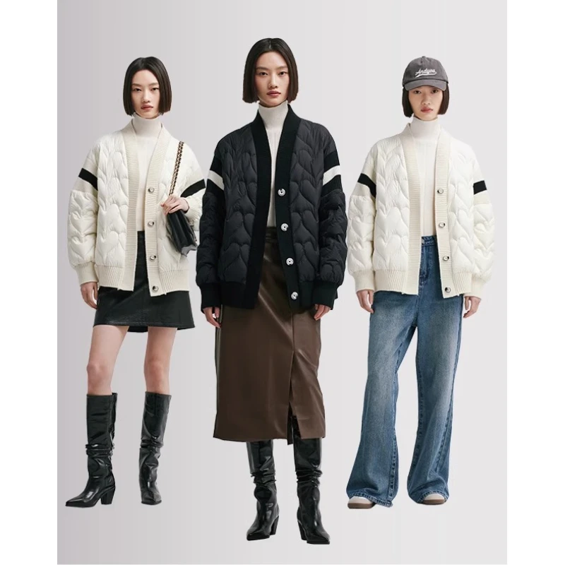 Chericom korte opstaande kraag donsjack gebreide stoffen panelen knoopsluiting geribbelde manchetten schuine zakken kleurblokkering Y298007Y