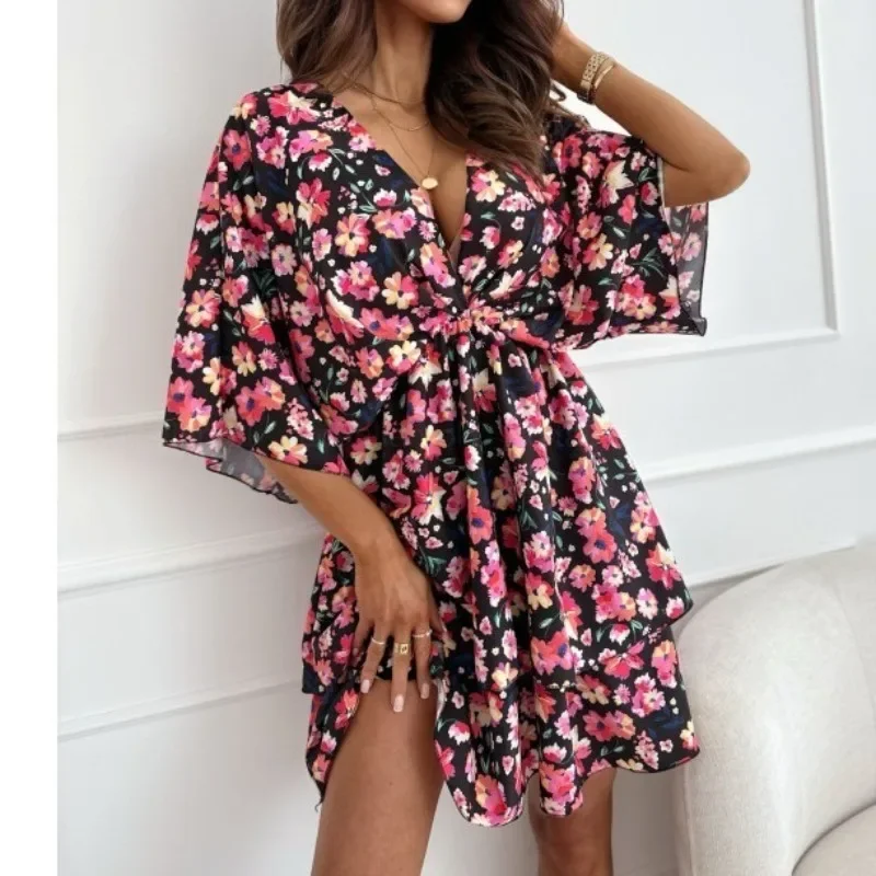 

V-neck Short Dress Short Sleeve Sexy Dress Fashion Casual Loose Dress Women Party Club Office Lady Vestidos Elegant New 30229