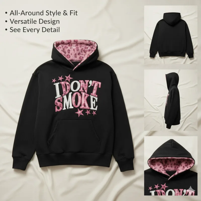 ​ ​ سويت شيرت نسائي بغطاء للرأس مطرز باللون الأسود العتيق مع بطانة على شكل الفهد الوردي، ملابس غير رسمية للشارع ​ ​ ق