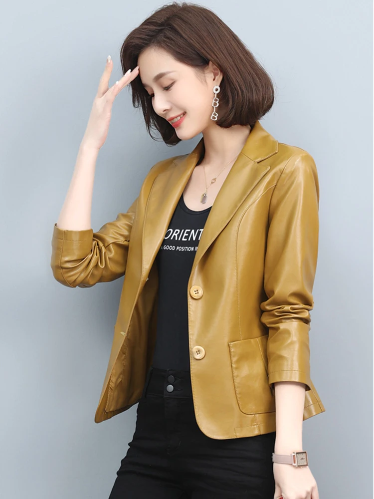 Neue Frauen Frühling Herbst Lederjacke Mode Anzug Kragen lange Ärmel schlank Blazer Elegantes Büro Damen Kurzmantel Spaltleder