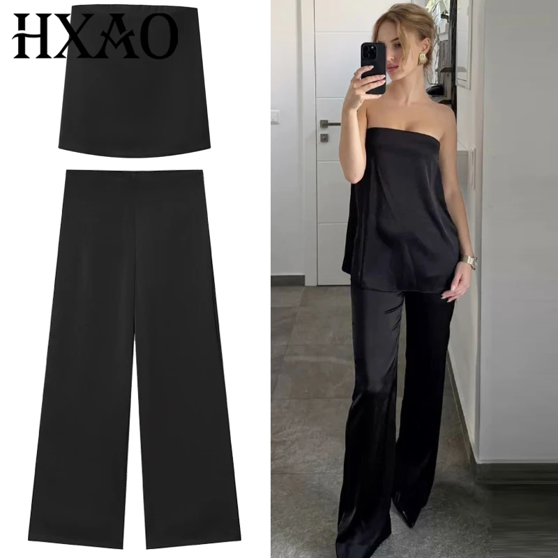 Hxao conjunto de duas peças feminino conjunto de calças de cetim verão terno feminino sem alças fora do ombro tubo superior outfit calças de cintura alta conjuntos