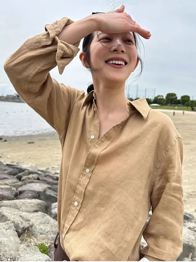 

Khaki Linen Long Sleeve Shirt Brown Cotton Linen Camel Color Top Women's Slim Fit Breathable Polyester 24% Lined Shirt
