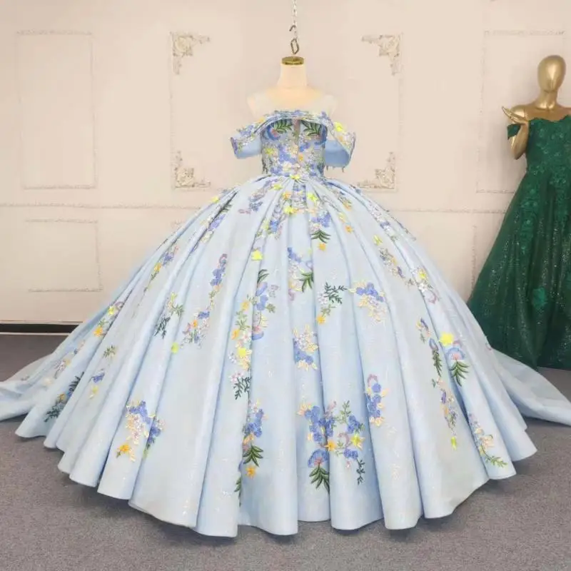 

Синее платье Quinceanera с круглым вырезом и открытыми плечами по индивидуальному заказу, цветная аппликация, платья de 15, Quinceanera
