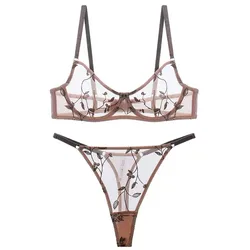 Women Mesh Underwear Set Sexy Lace Leaf Embroidery Bra Set French Ultra Thin Breathable Bralette Vintage Bras and T-back Sets