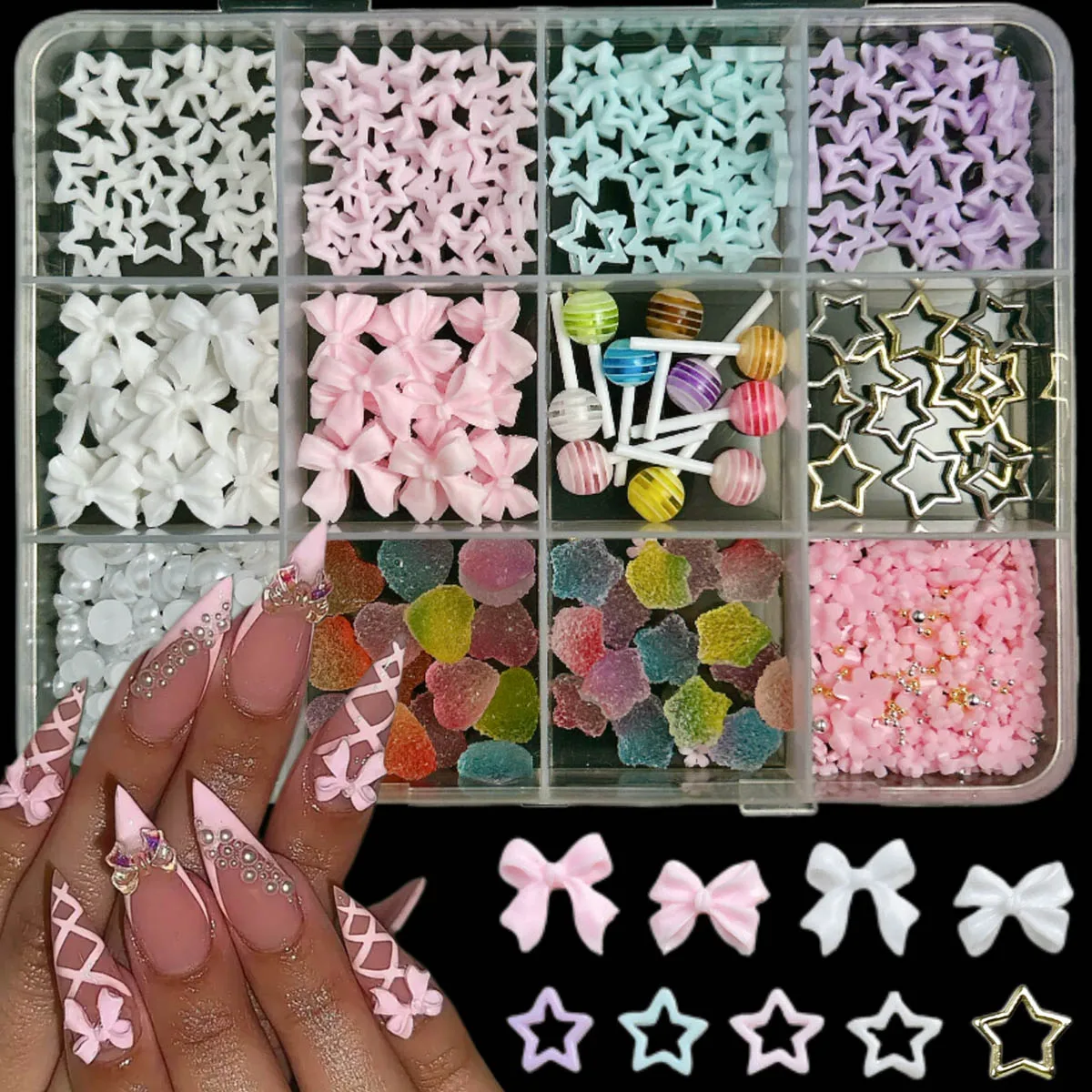 

1Box Hollowed Solid Color Star Bow Resin Nail Charms 3D Simulated Heart Gummy Candy Artificial Pearl Nail Art Decorations DIY