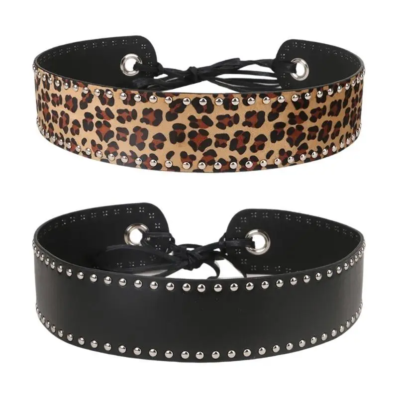 

652F Cool Corset Belt Women Decorative Belt for Dresses PU Leather Rivet Studded Cincher Belt Fashionable Waistband for Daily