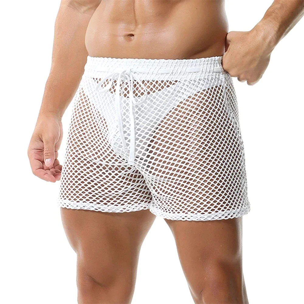 Men\'s Sexy Mesh Hollow Out Casual Shorts Drawstring Fishnet Breathable Soft Male Beach Trunks Bodybuilding Fitness Loose Shorts