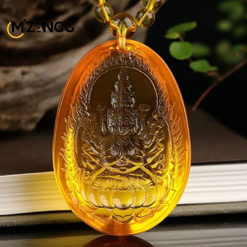 Golden Amber Eight Guardian Gods Thousands of Hands Avalokitesvara Bodhisattva Zodiac Rat Native Life Buddha Pendant Necklace