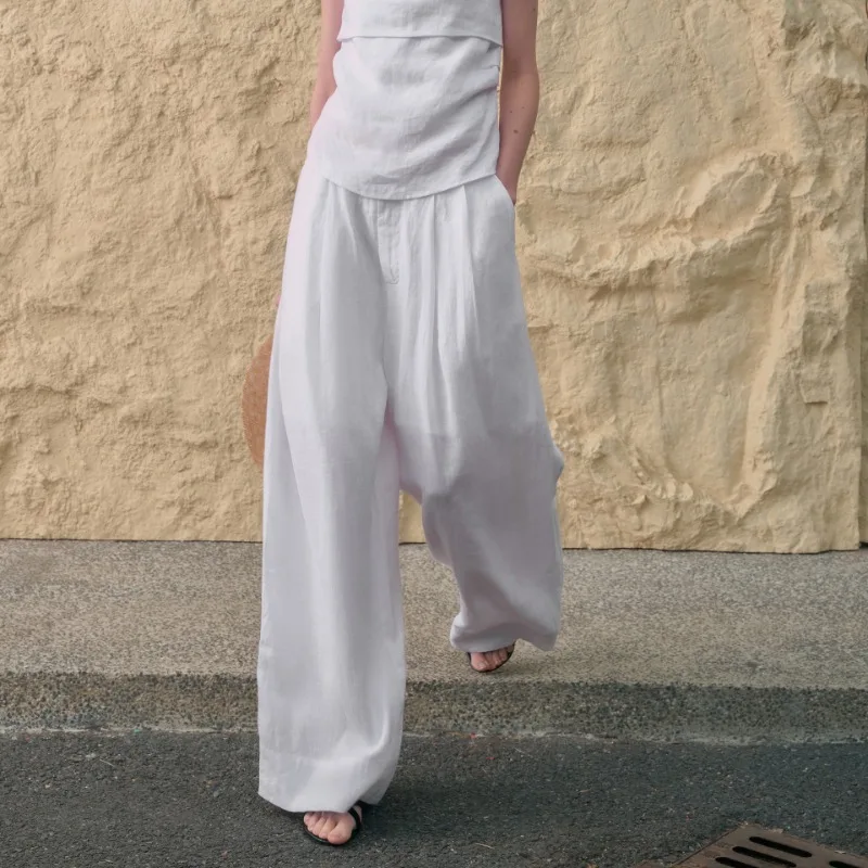 

Simple Casual Linen Wide-Legged Pants Women's Summer New Harajuku Solid Color Trousers Loose Japanese Straight Pants ropa mujer