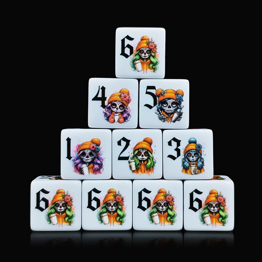 12Pcs Day Of The Dead Sugar Skull Girl D6 Dice,16MM Square White Acrylic 6-Sided Number Dice Tabletop Game Dice For DND RPG Game