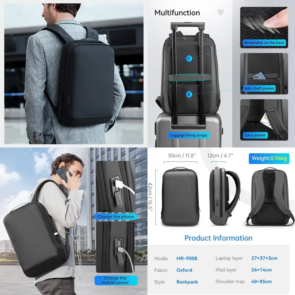 

15.6 Men's Sleek Business Laptop Backpack with USB Port, Structured Shell Design