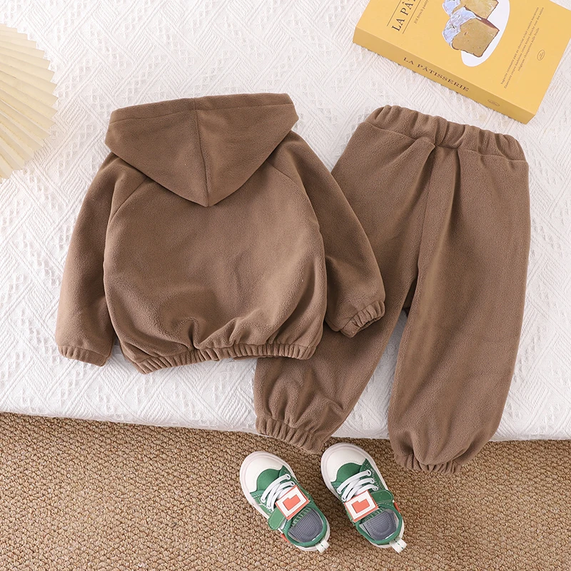 Baby-Jungen-Set mit besticktem Affen-Fleece-Hoodie, 2-teilig, Jacke mit Reißverschluss und Hose, warme Winterkleidung für Kleinkinder, Baumwollmischung, 3-24 Monate – Detail 2