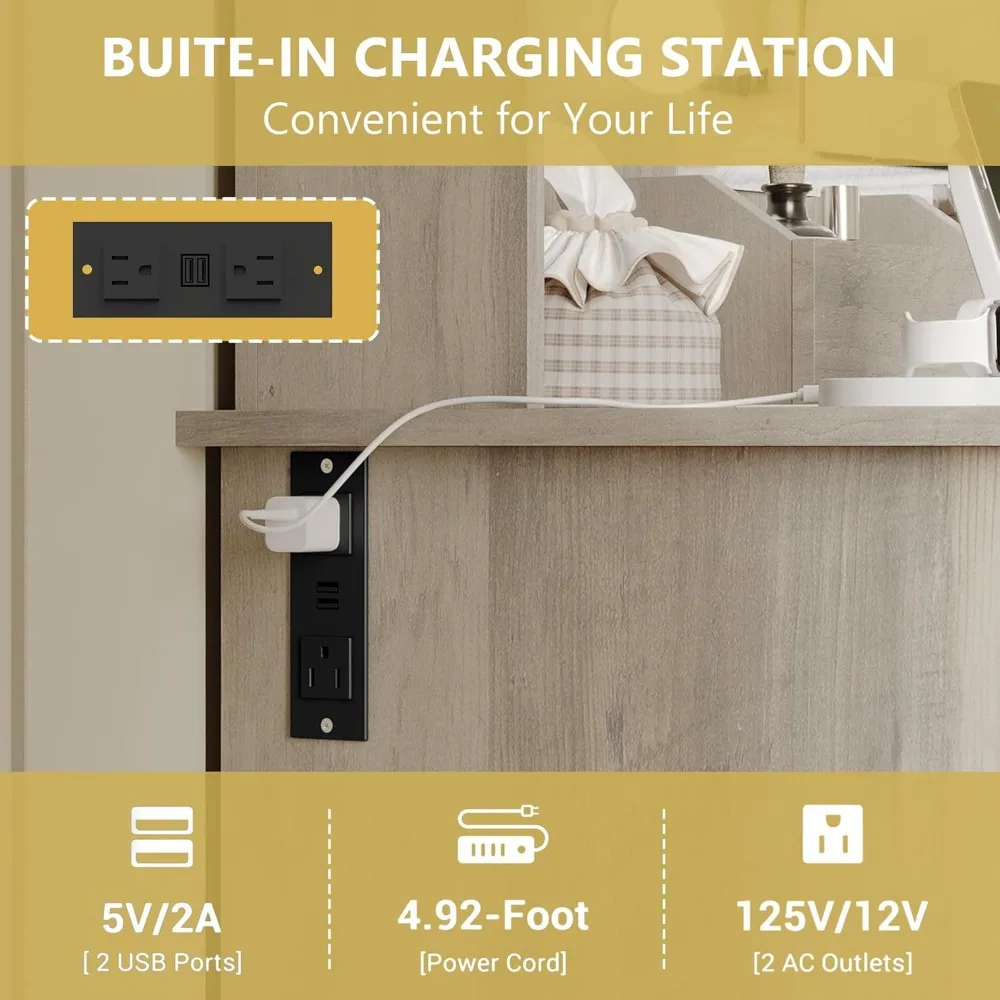 مكتب زينة كبير على طراز المزرعة مقاس 43 بوصة مع مرآة وأضواء وأدراج تخزين ومحطة شحن