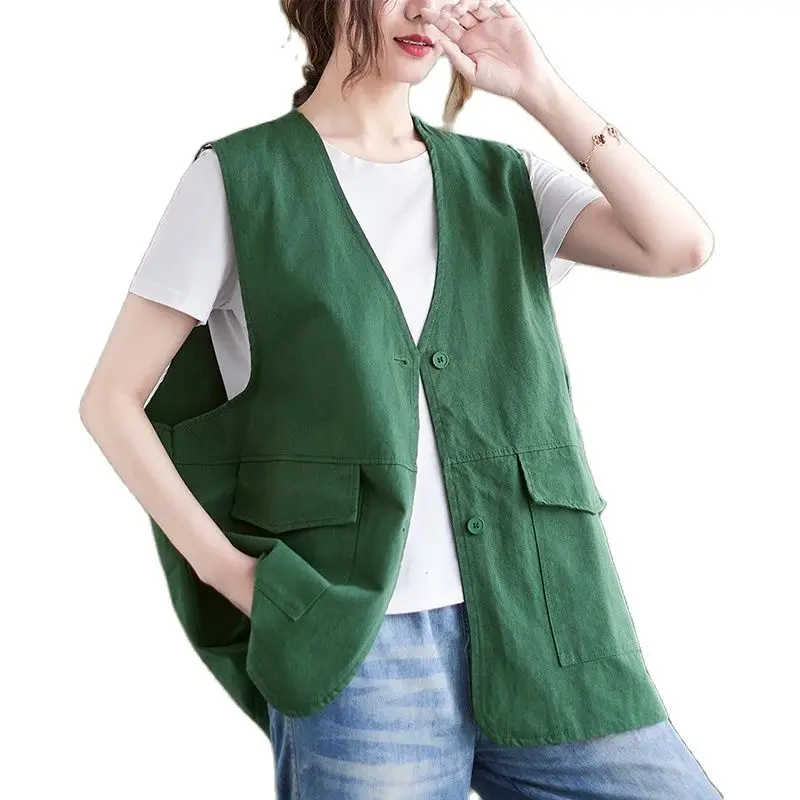 

2024 New Summer Women Vest Solid V Neck Single Breasted Cotton and Linen Plus Size Pockets Waistcoat Casual Vintage Female Cloth