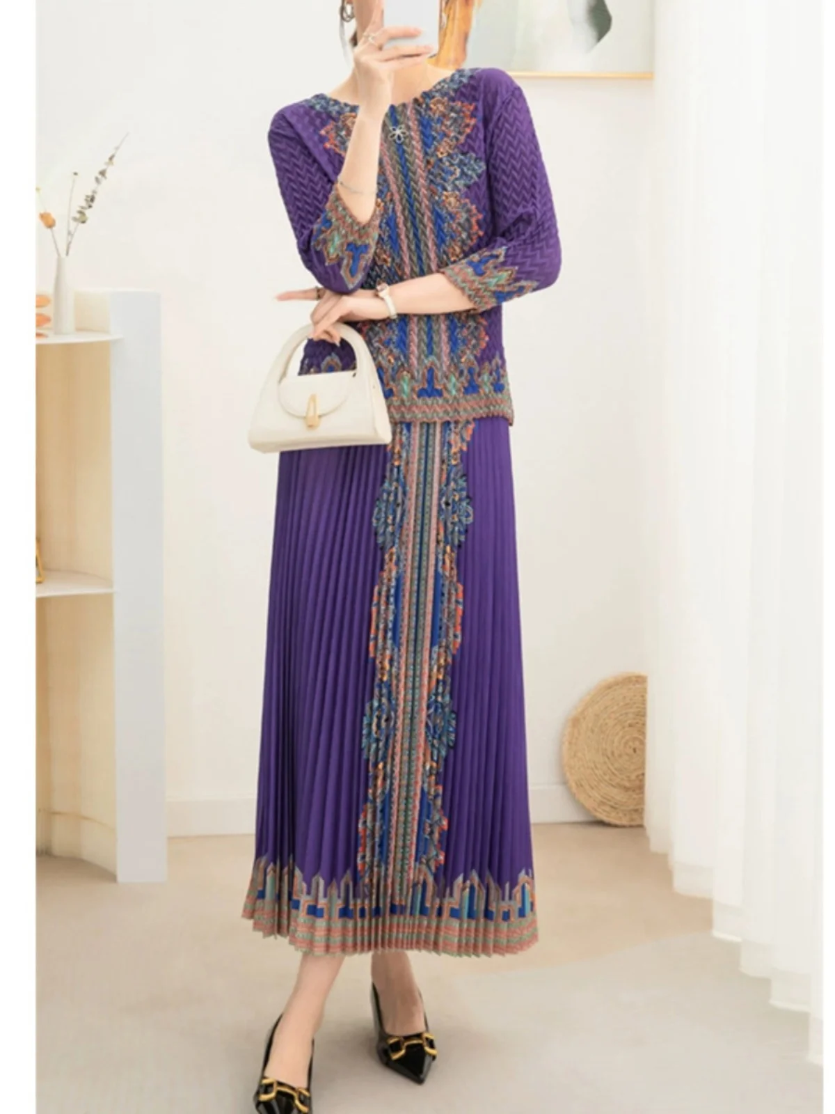 

Ele Floral Print Pleated Skirt And Top Set High Waist Dr Women's Faion Ensemble Spring 2025 Collection