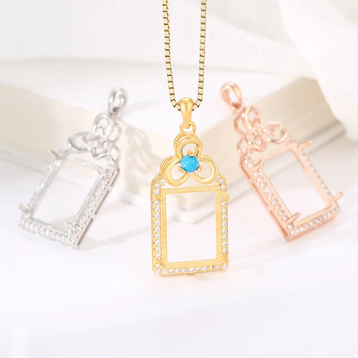 Solid 925 Sterling Silver Rectangle 4 Prongs Pendant Blank Bezel for 10X14/9X19mm Luxury Gemstone DIY Pendant Settings