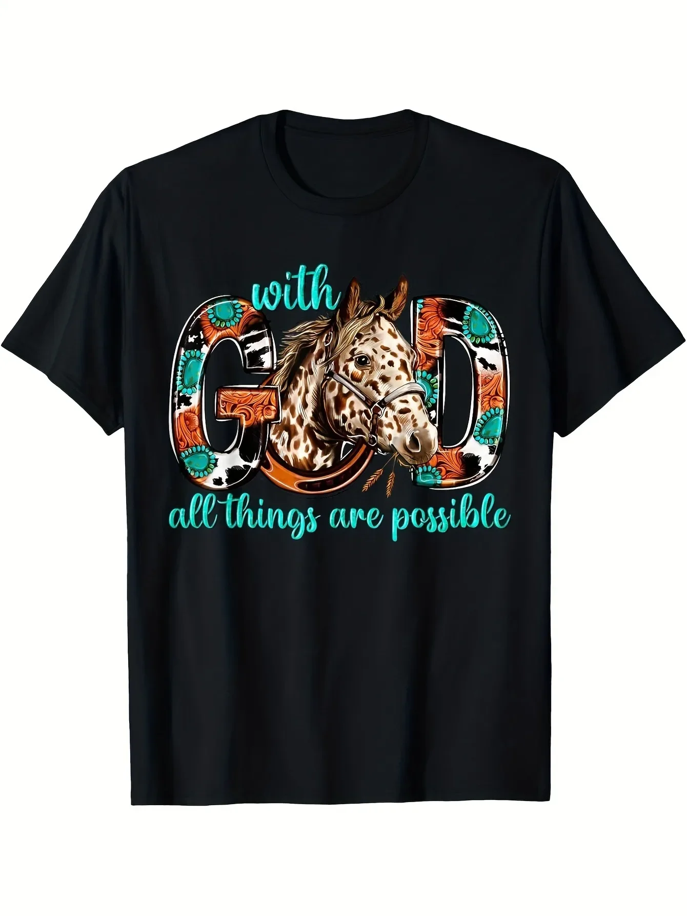 

Christian Horse Western Graphic Tee With God All Things Are Possible Religious T-Shirt Men's