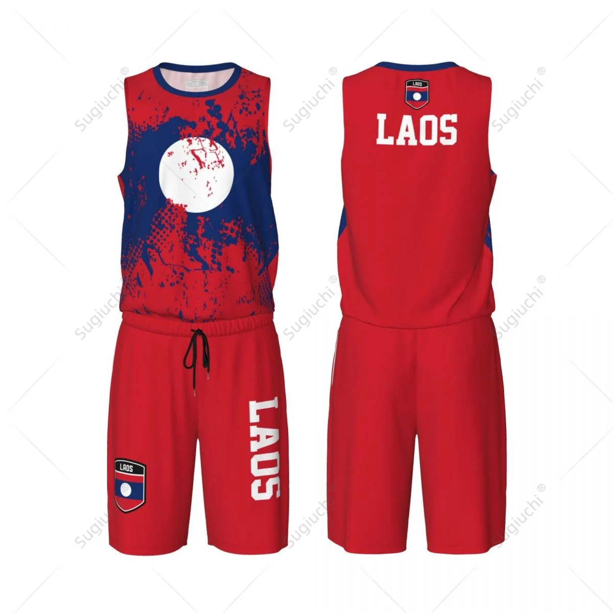 Laos Flag Grain Men Basketball Set Shirt & Pants Sleeveless