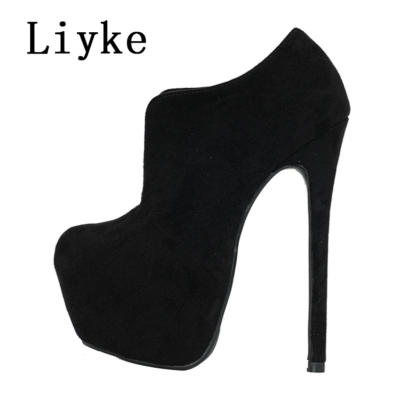 Liyke Spring Autumn Sexy Slingback Slip On Women Platform Pumps Solid Black Round Toe Super High Heels Stripper Pole Dance Shoes