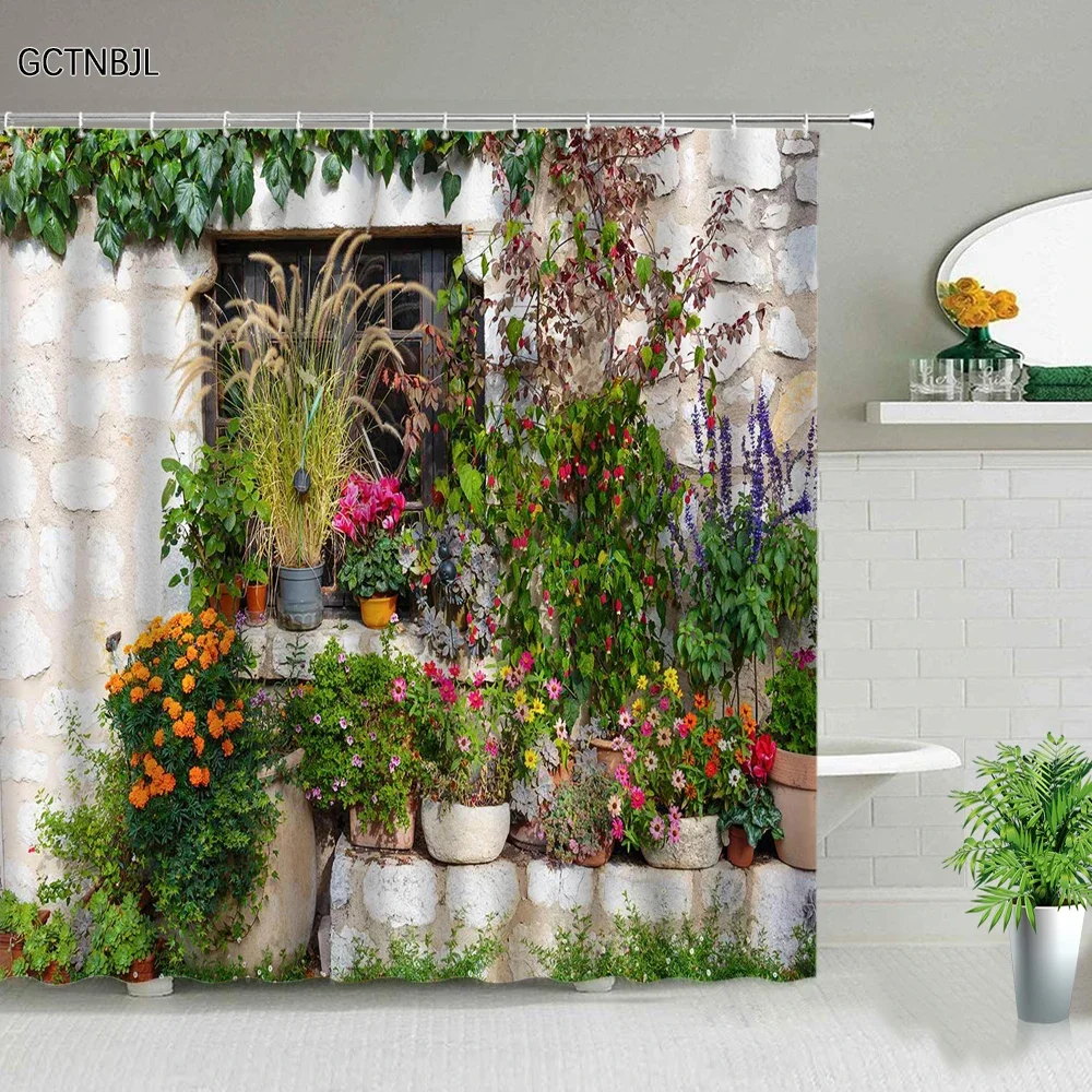 Waterproof Shower Curtain Set Flowers Arch Bridge Landscape Home Decor Bathroom Curtain Polyester Fabric Background Wall Decor