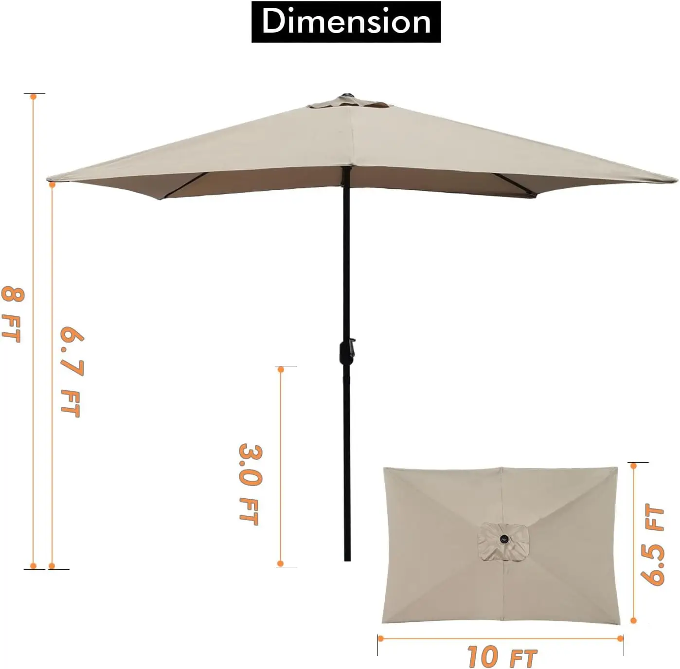 6.5x10 ft Rectangular Patio Umbrella, Outdoor Market Table with Hand Crank, Rust-Resistant Frame, 6 Steel Ribs, Courtyard