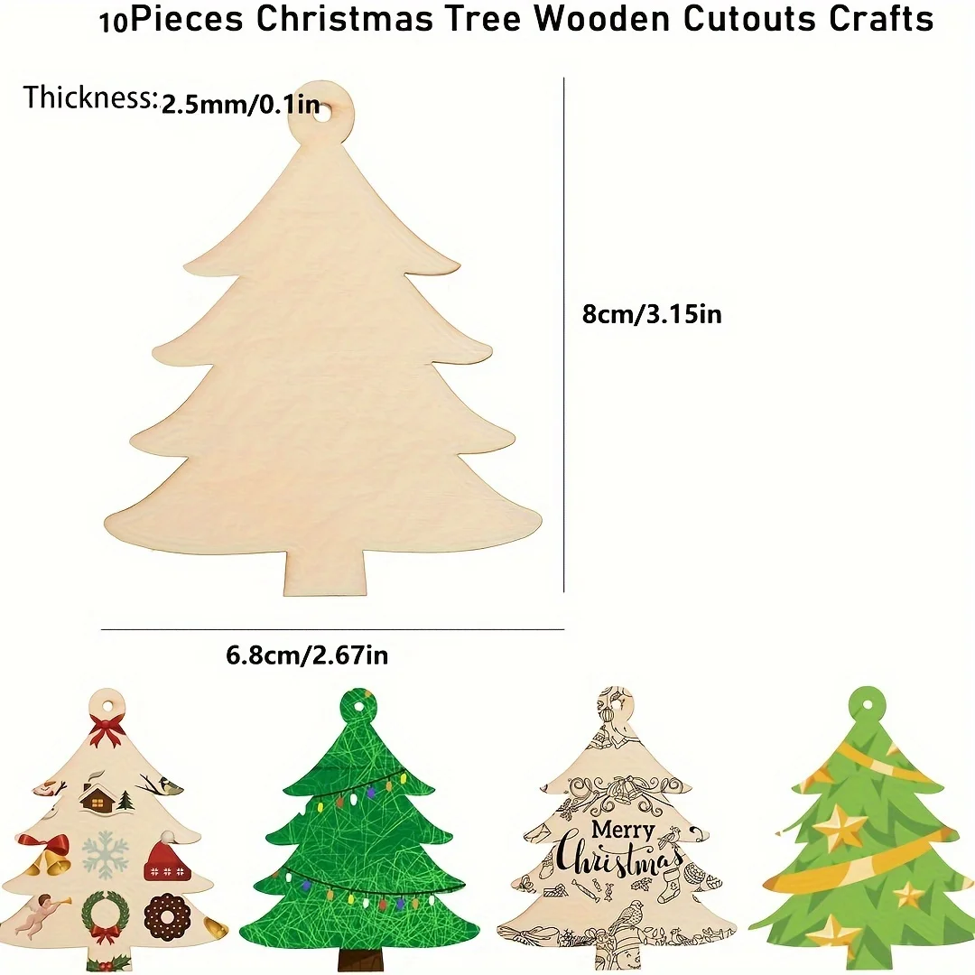 10Pcs Wooden Crafts to Paint 3 inch Christmas Tree Hanging Ornaments Unfinished Wood Cutouts Christmas Decoration DIY Crafts (Wo