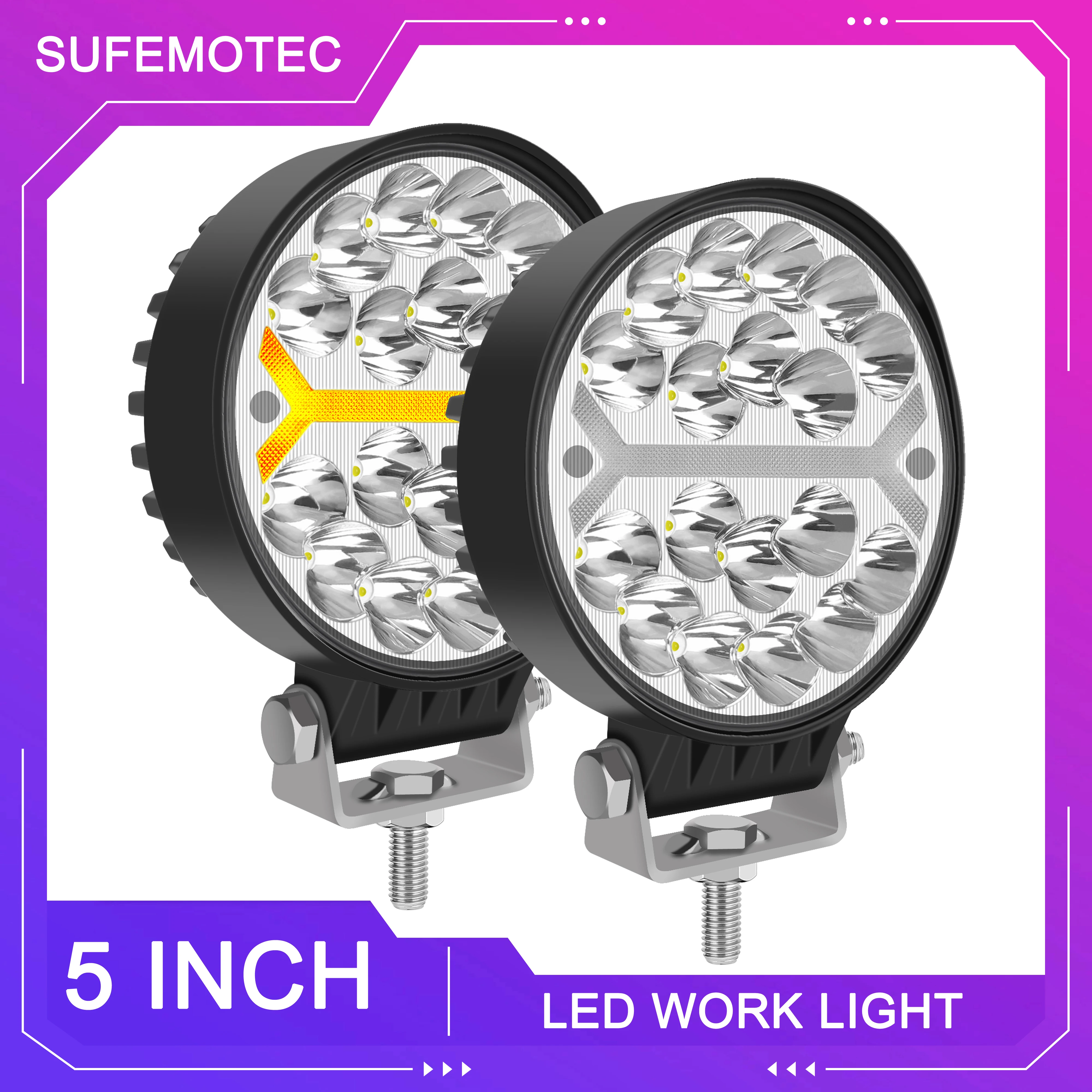 2Pcs 5 Inch Round LED Light Pods, Offroad Work Lights Spot Beam With Yellow Strobe Light For Trucks Tractor Offroad Boat 4WD SUV