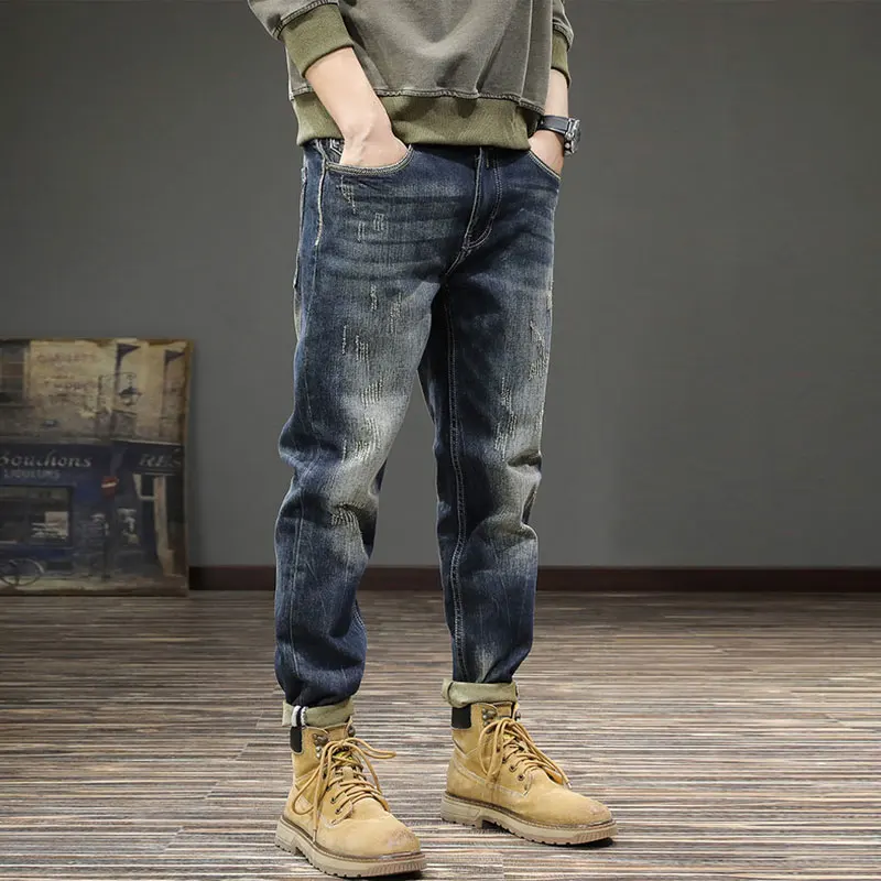 

Newly Designer Fashion Men Jeans High Quality Retro Washed Blue Stretch Slim Fit Ripped Jeans Men Vintage Denim Pants Hombre