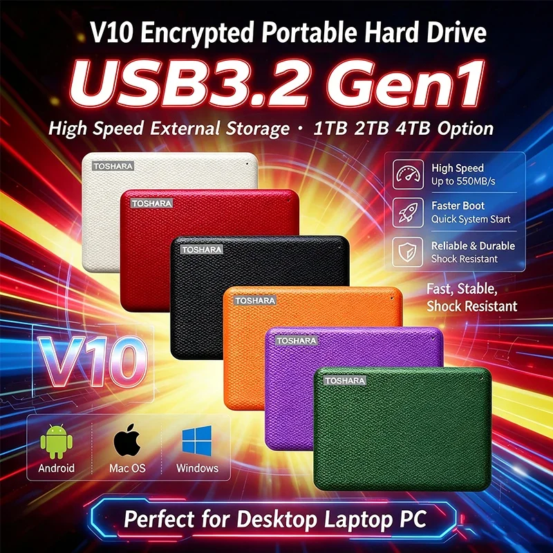 Original New V10 Encrypted Portable Hard Drive USB3.2 Gen1 High Speed External Storage 1TB 2TB 4TB Option for Desktop Laptop PC