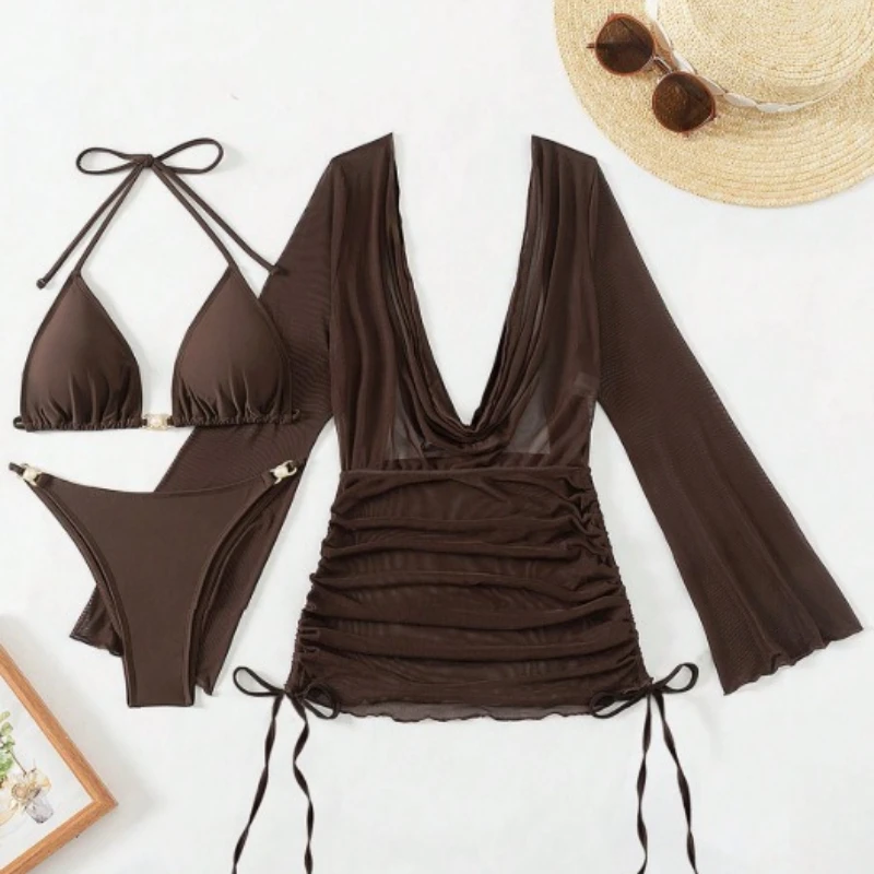 

Сексуальный треугольный купальник пуш-ап из 3 частей с сетчатой накидкой с длинными рукавами и завязками, пляжный костюм для женщин