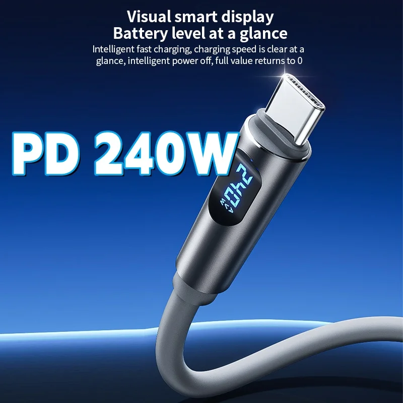 

240w Digital Display Data Line Grey Type-c To Type-c Digital Display Pd 240w Charging Cable Super Fast Charging Data Line