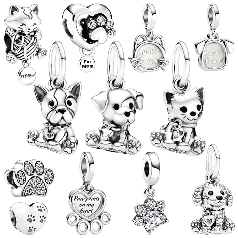 New Sparkling Paw Print Labrador Bulldog Cats & Dogs Charm Beads Fit Original 925 Silver Pandora Bracelet DIY Women Jewelry Gift