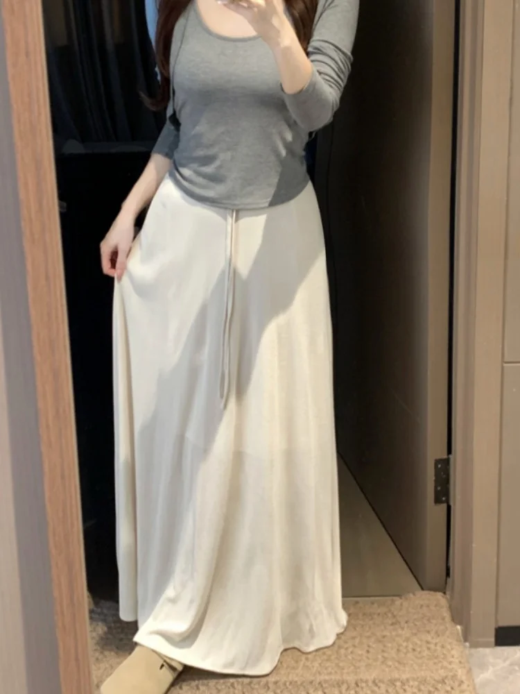 

Kumikumi Simple Color Drawstring A-Line Skirt Women's Summer Loose Wide Hem Long Skirt High Waist Korean Style Commute