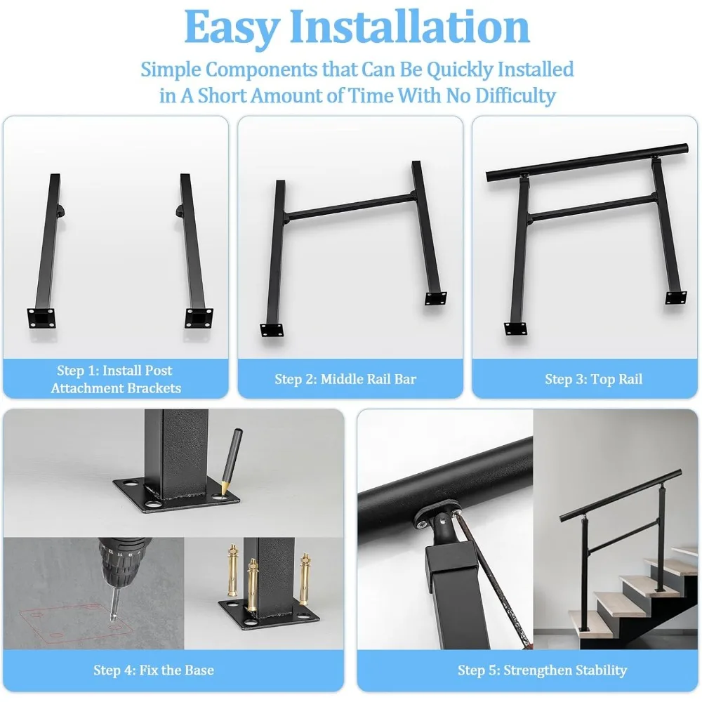 درابزين الدرج الخارجي، درابزين 3-4 خطوات، حديد معزز، خارجي أسود، قضبان أمان متينة من الحديد المطاوع للخطوات