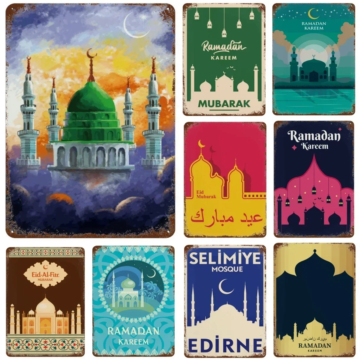 1pc Mosque, Eid Al Fitr Metal Sign Metal Plaque Poster Vintage Wall Plate Living Room Wall Decor Retro Home Decor 8x12 Inch