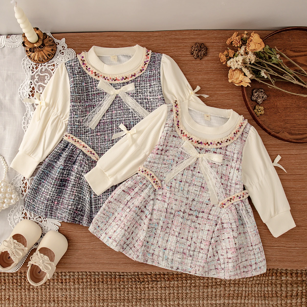 

Girls Dresses Spring/Autumn Long Sleeve Bow Tie Plaid Bubble Sleeve Ruffle Baby Girl Dresses Cute Casual Fluffy Baby Clothing