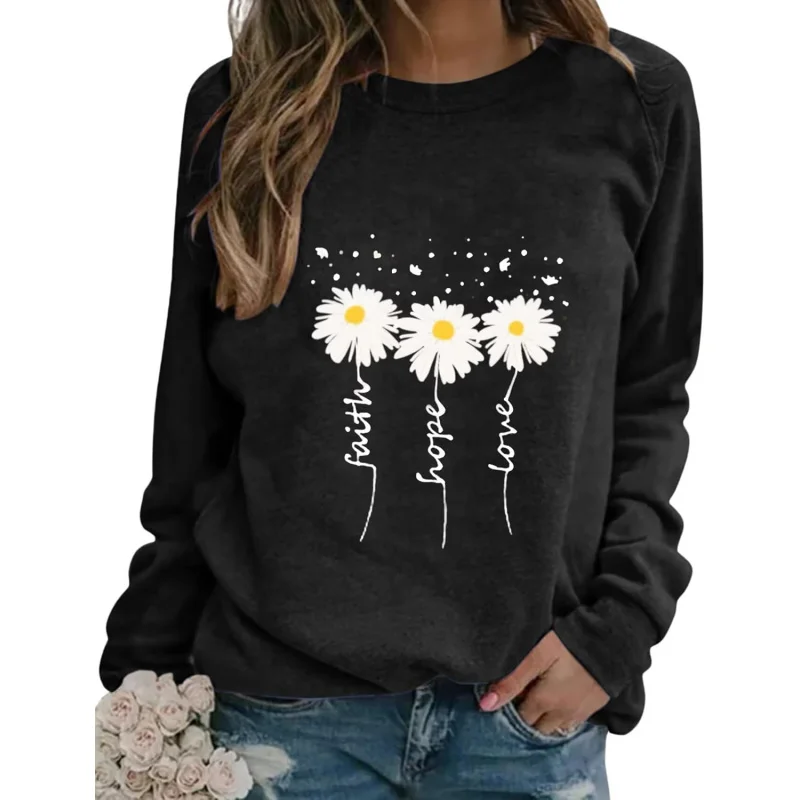 Women's Round Neck Daisy Print Long Sleeved Sportswear Faith Hope Love Patterned Top Casual Loose Pullover Black