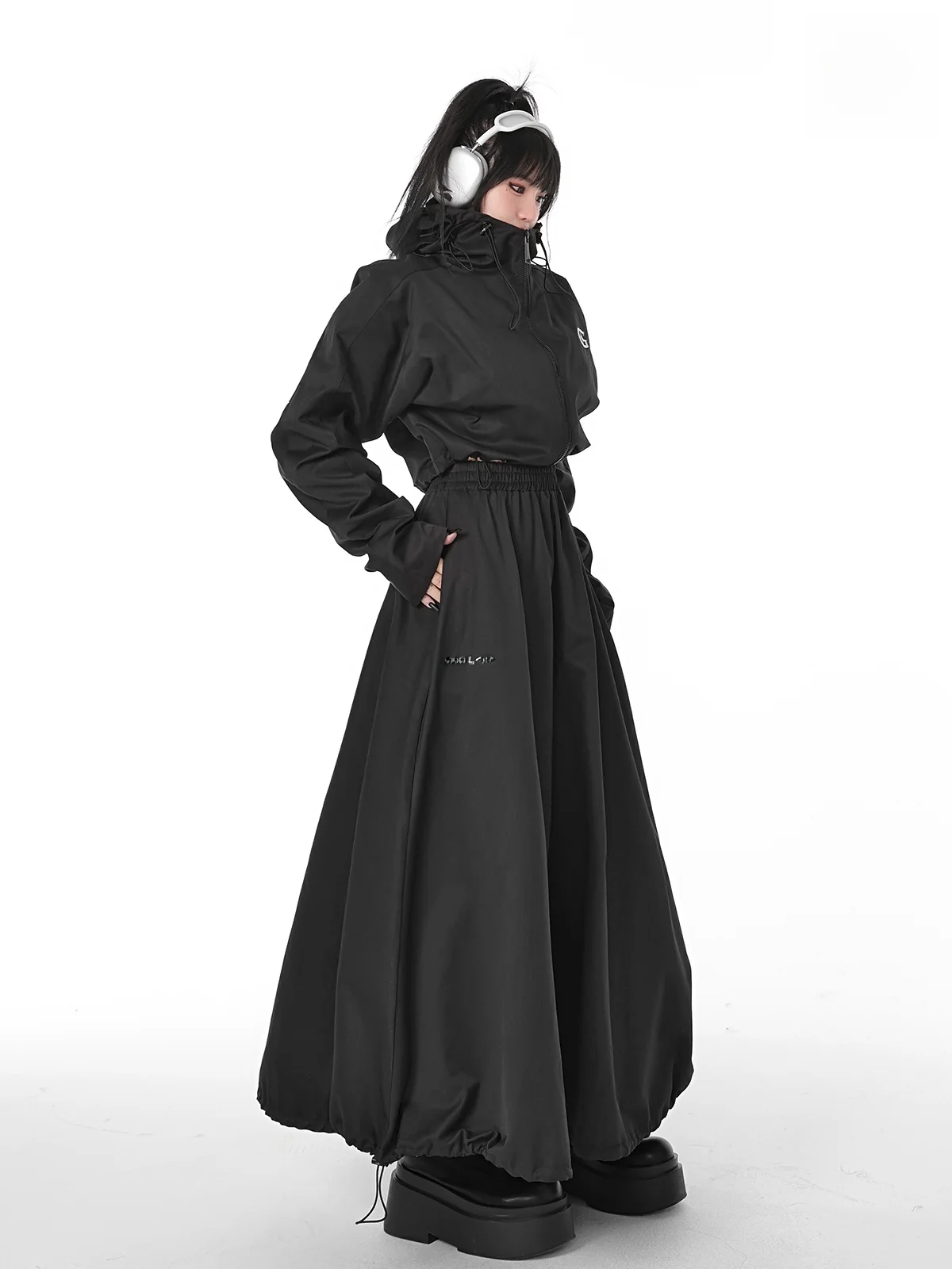 Sporty High Waist A-Line Midi Skirt Extra Large Casual Shape Drawstring Casual Sporty Style Pure Color Long Skirt