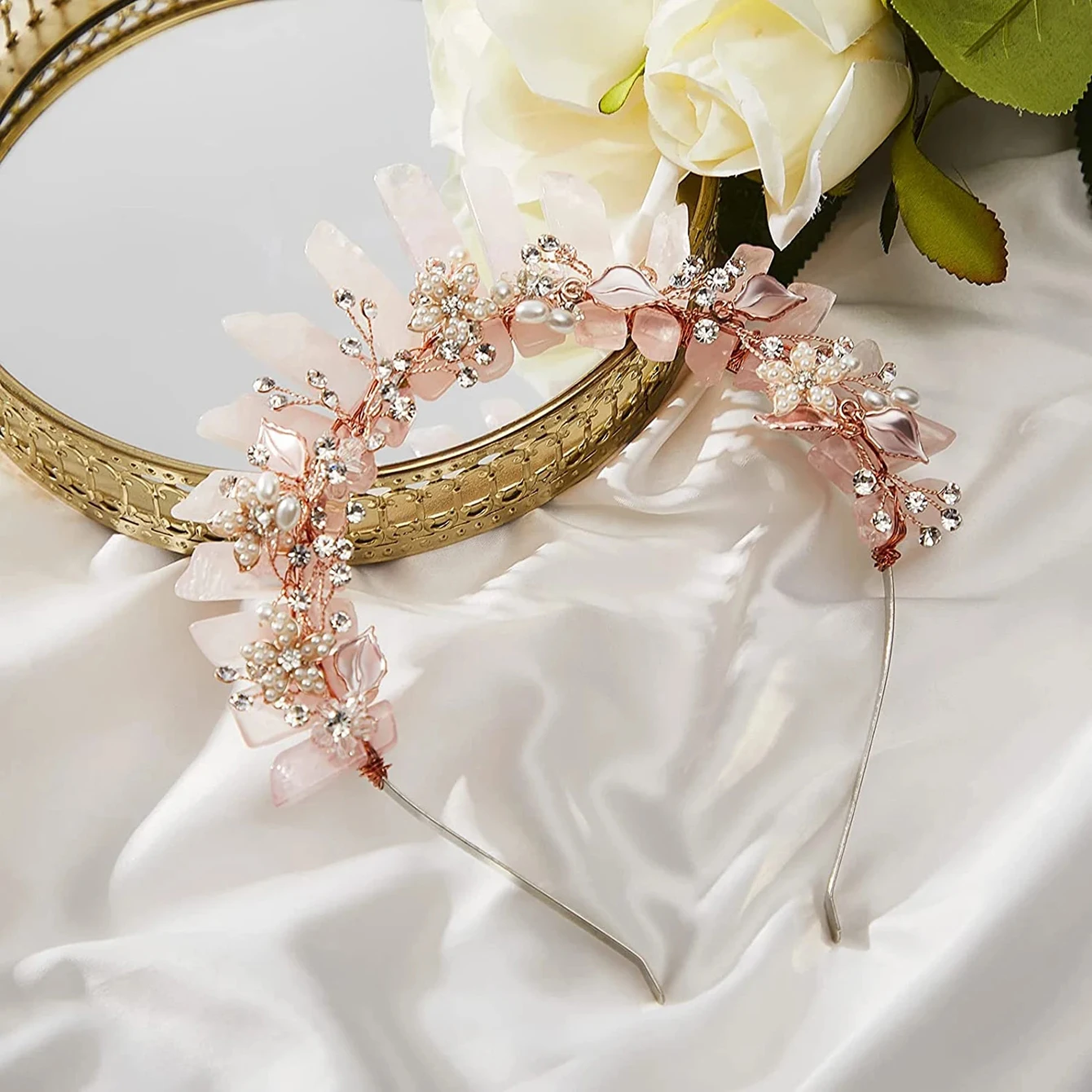 Raw Crystal Quartz Crown Headband Women Pink Crown Flower Crystal Mermaid Tiara Headband Handmade Natural Stone Witch Headpiece