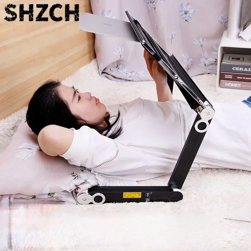 Minimalist Aluminum Alloy Laptop Stand Folding Bed Table with Cooling Mesh Liftable Mobile Computer Workstation for Bed Use