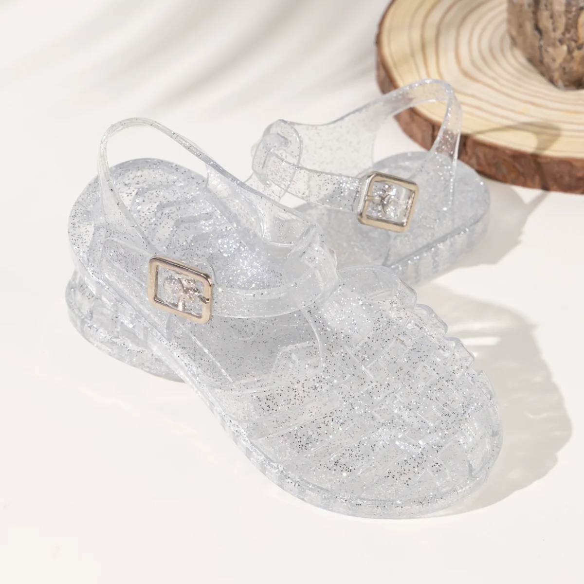 Summer Breathable Fashion Cartoon Print Cool Fine Glitter Sequins Jelly Shoes Adjustable PVC Girls Sandals