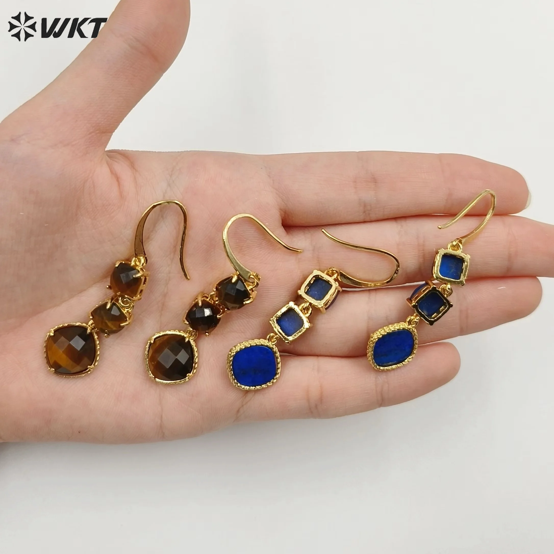 WT-E734 Amazing Triple Stone Connect Geometric Shape Long Dangle Claw Setting Amethyst Sun Stone Rose quartz Women Stone Earring