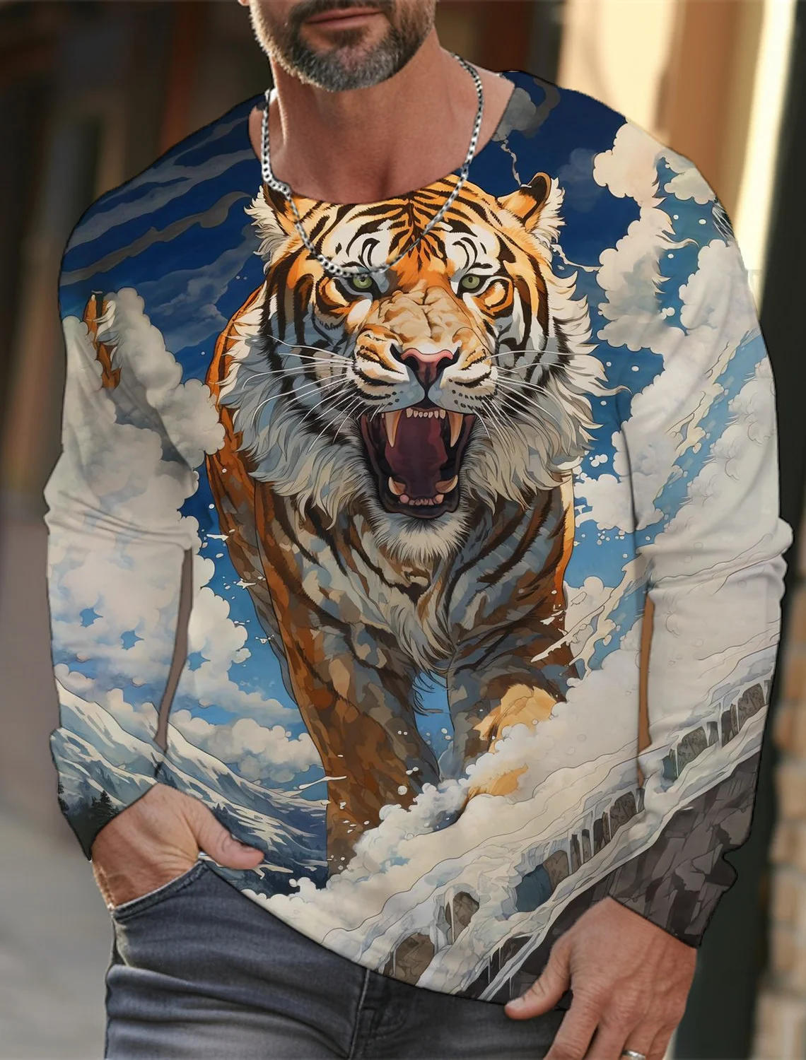 2024 new men\'s Ukiyoe long-sleeved T-shirt 3D printed high-definition tiger print men\'s autumn tops casual round neck T-shirt