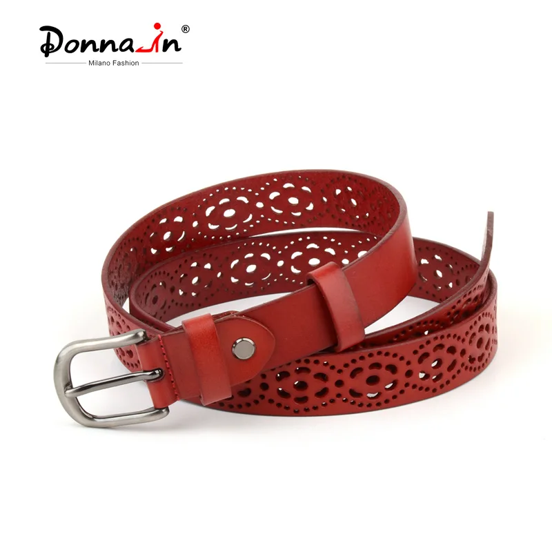 Donna-in Cow Leather Belt for Women Hollow Out Pin Buckle Waist Belt Retro Fashion Dresses Decoration