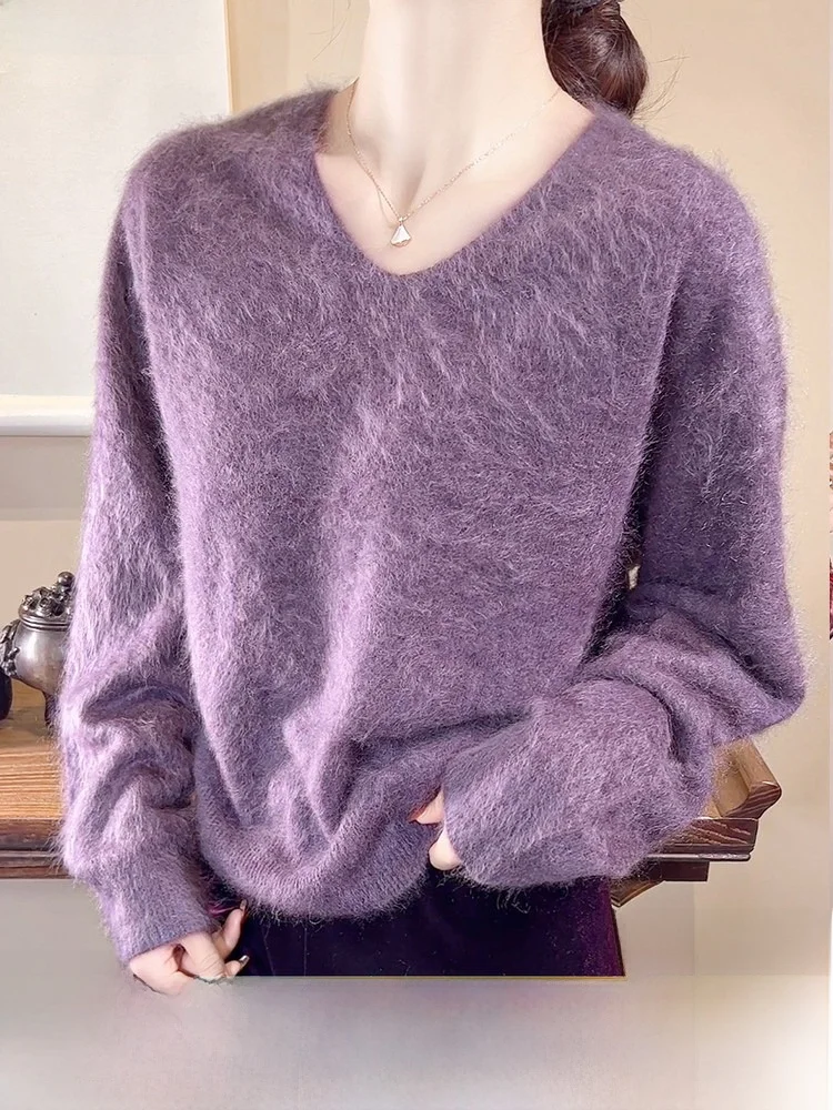 

Фиолетовый женский свитер с V-образным вырезом, мягкий и уютный, для ношения под одеждой, с длинными рукавами, повседневный, модный, осенне-зимний топ