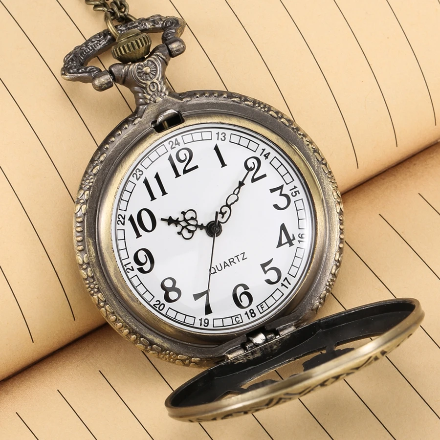 Retro Bronze Hollow Butterfly Quartz Pocket Watch with Necklace Chain Pendant Gift Men's Clock