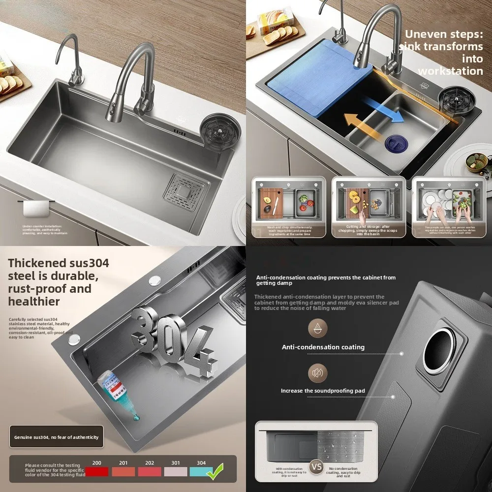

Kitchen Handmade Sink 304 Stainless Steel Thickened Gun Gray Dishwashing Basin Large Single Bowl Washing Station Home Use