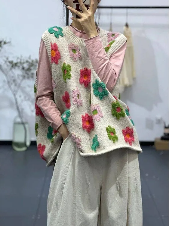 

Вязаный жилет свободного кроя с круглым вырезом, осенне-зимний, модный, женский, удобный, с цветочным узором, для повседневной носки