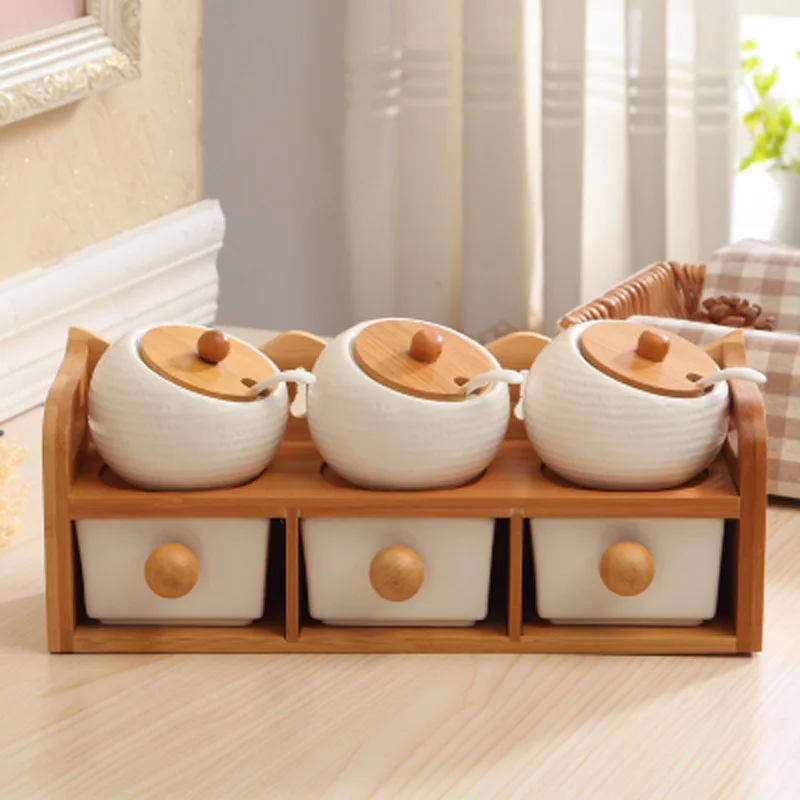 

White Ceramic Condiment Kitchenware Spice Container Set Condiment Jar with Wood Stand Creative Ceramic Condiment Ceramic Jar Set